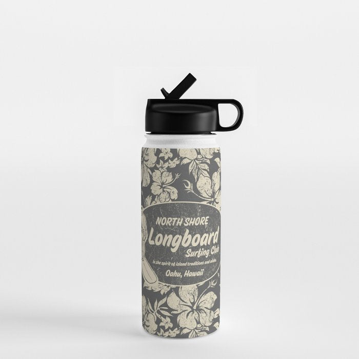 Club Surfing Longboard Logo and Hibiscus Hawaiian Print  Water Bottle Gallery Image 1