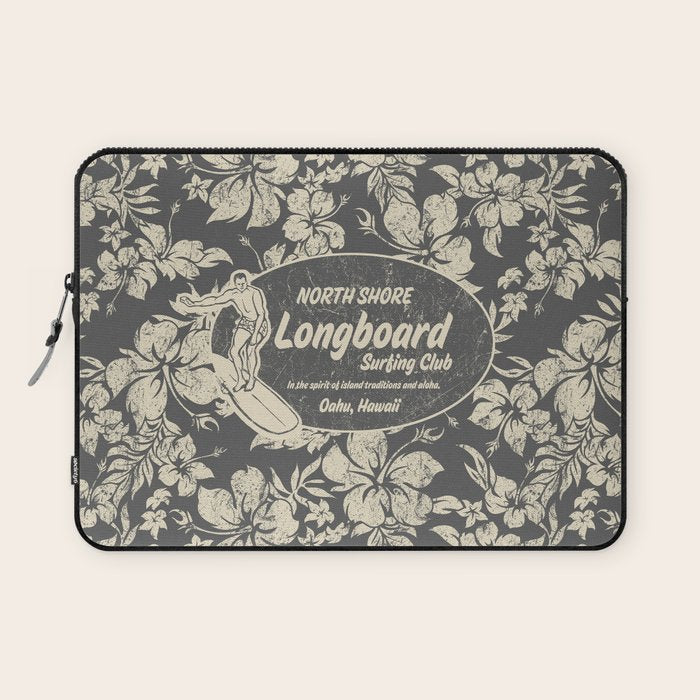 Club Surfing Longboard Logo and Hibiscus Hawaiian Print  Laptop Sleeve Gallery Image 1