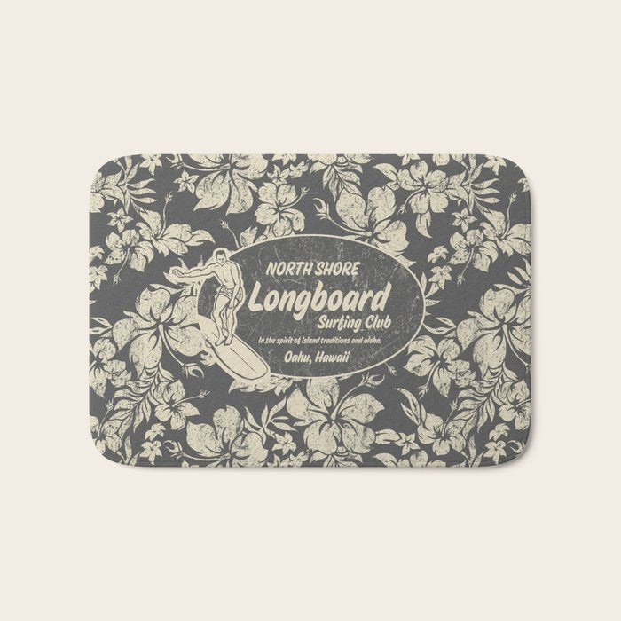 Club Surfing Longboard Logo and Hibiscus Hawaiian Print  Bath Mat Gallery Image 1