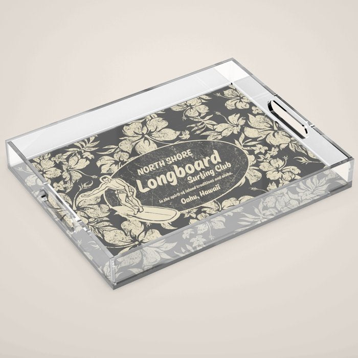 Club Surfing Longboard Logo and Hibiscus Hawaiian Print  Acrylic Tray Gallery Image 1