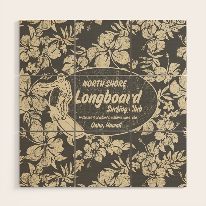 Club Surfing Longboard Logo and Hibiscus Hawaiian Print  Wood Wall Art Gallery Image 1