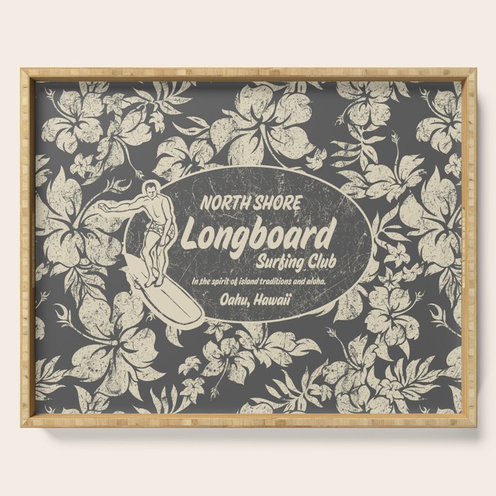 Club Surfing Longboard Logo and Hibiscus Hawaiian Print  Serving Tray Gallery Image 1