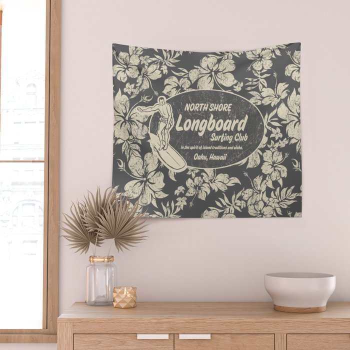 Club Surfing Longboard Logo and Hibiscus Hawaiian Print  Wall Tapestry Gallery Image 2