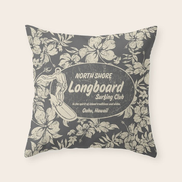 Club Surfing Longboard Logo and Hibiscus Hawaiian Print  Throw Pillow Gallery Image 6