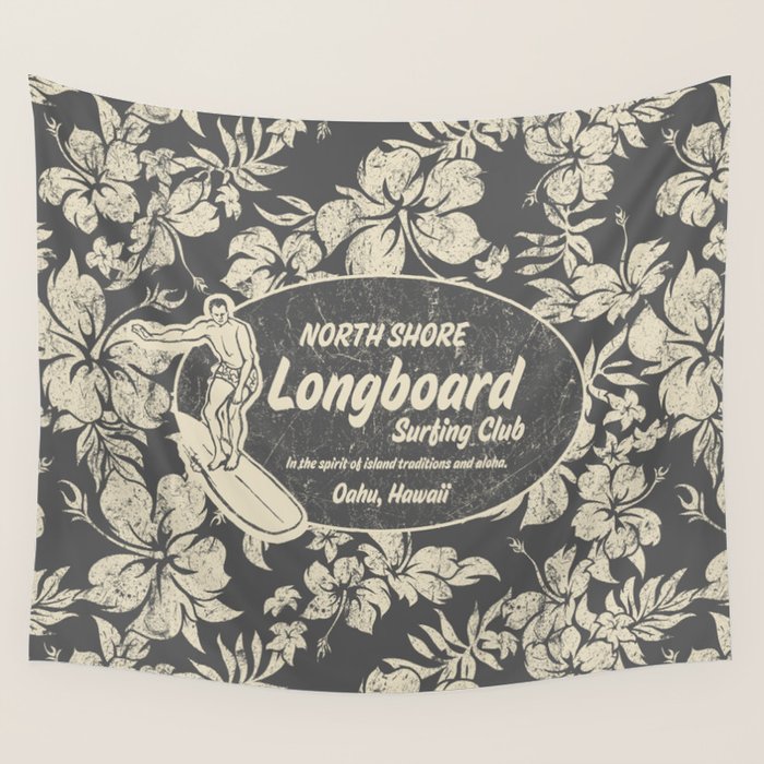 Club Surfing Longboard Logo and Hibiscus Hawaiian Print  Wall Tapestry Gallery Image 4