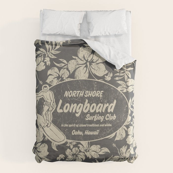 Club Surfing Longboard Logo and Hibiscus Hawaiian Print  Duvet Cover Gallery Image 1