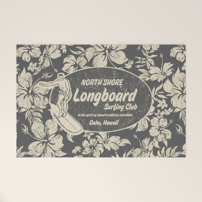 Club Surfing Longboard Logo and Hibiscus Hawaiian Print  Welcome Mat Gallery Image 1