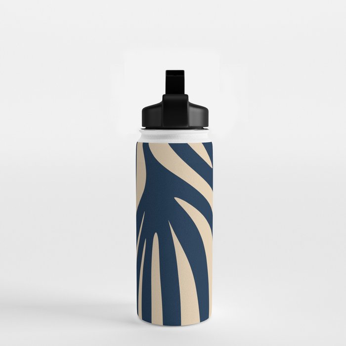 Abstract Minimalist Maldives Leaves Pattern in Mid Century Modern Navy Blue and Beige Water Bottle Gallery Image 2
