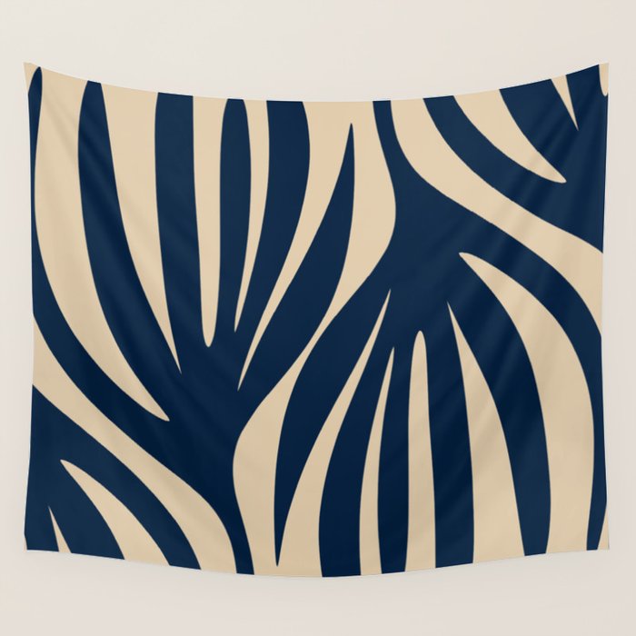 Abstract Minimalist Maldives Leaves Pattern in Mid Century Modern Navy Blue and Beige Wall Tapestry Gallery Image 4