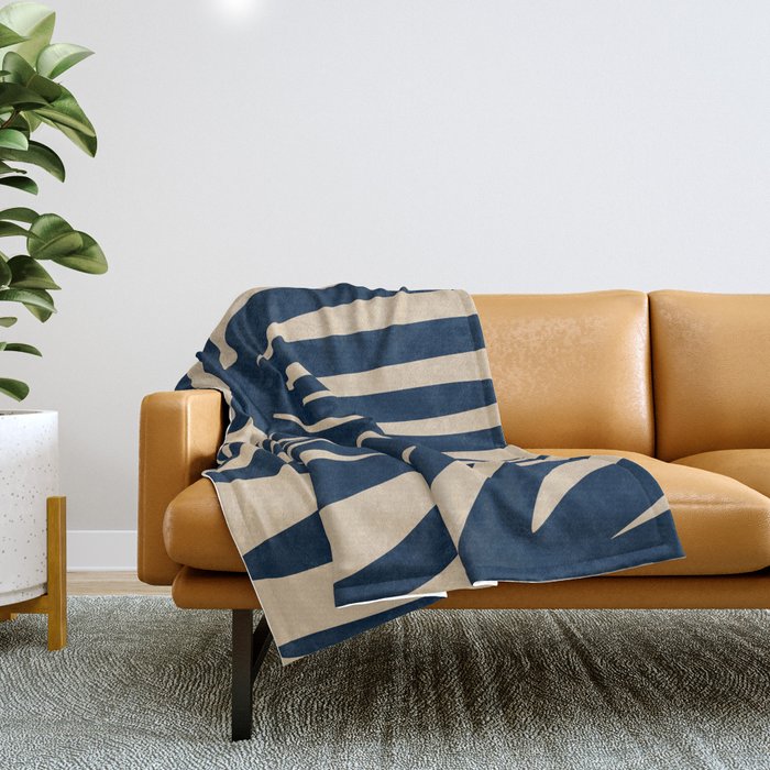 Abstract Minimalist Maldives Leaves Pattern in Mid Century Modern Navy Blue and Beige Throw Blanket Gallery Image 1