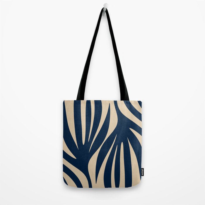 Abstract Minimalist Maldives Leaves Pattern in Mid Century Modern Navy Blue and Beige Tote Bag Gallery Image 2