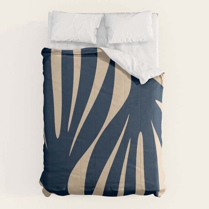 Abstract Minimalist Maldives Leaves Pattern in Mid Century Modern Navy Blue and Beige Comforter Gallery Image 6