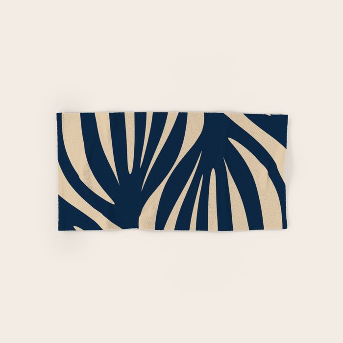 Abstract Minimalist Maldives Leaves Pattern in Mid Century Modern Navy Blue and Beige Bath Towel Gallery Image 1