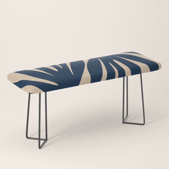 Abstract Minimalist Maldives Leaves Pattern in Mid Century Modern Navy Blue and Beige Bench Gallery Image 1