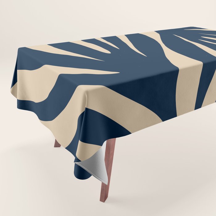 Abstract Minimalist Maldives Leaves Pattern in Mid Century Modern Navy Blue and Beige Tablecloth Gallery Image 1