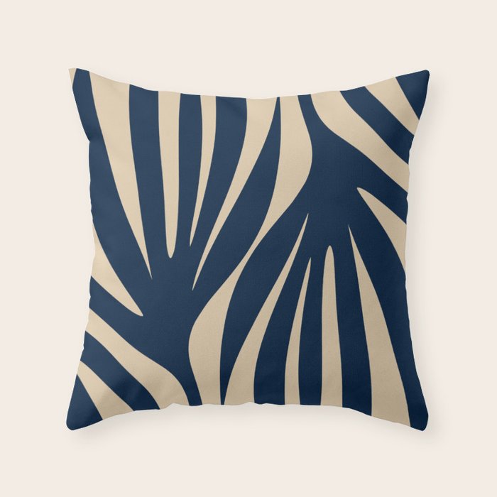 Abstract Minimalist Maldives Leaves Pattern in Mid Century Modern Navy Blue and Beige Throw Pillow Gallery Image 1