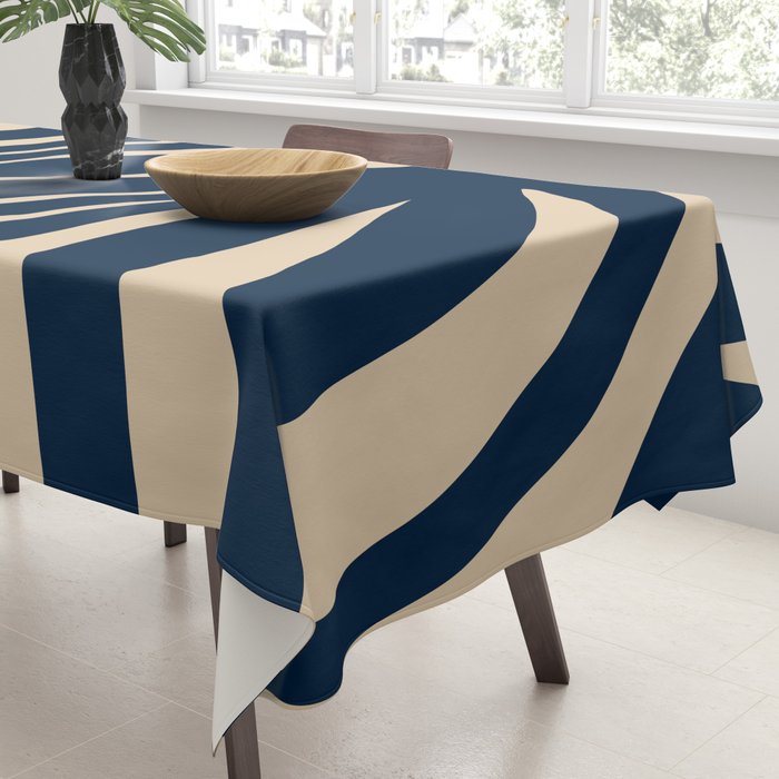 Abstract Minimalist Maldives Leaves Pattern in Mid Century Modern Navy Blue and Beige Tablecloth Gallery Image 3