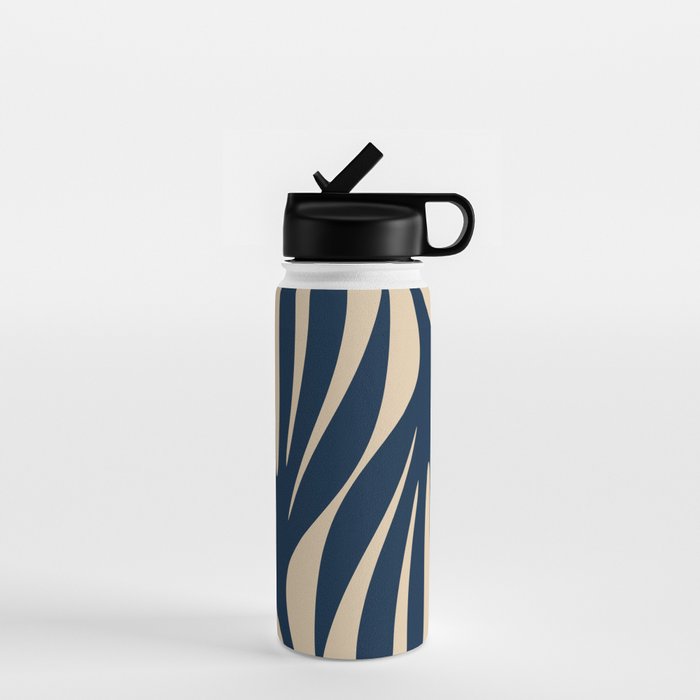 Abstract Minimalist Maldives Leaves Pattern in Mid Century Modern Navy Blue and Beige Water Bottle Gallery Image 1