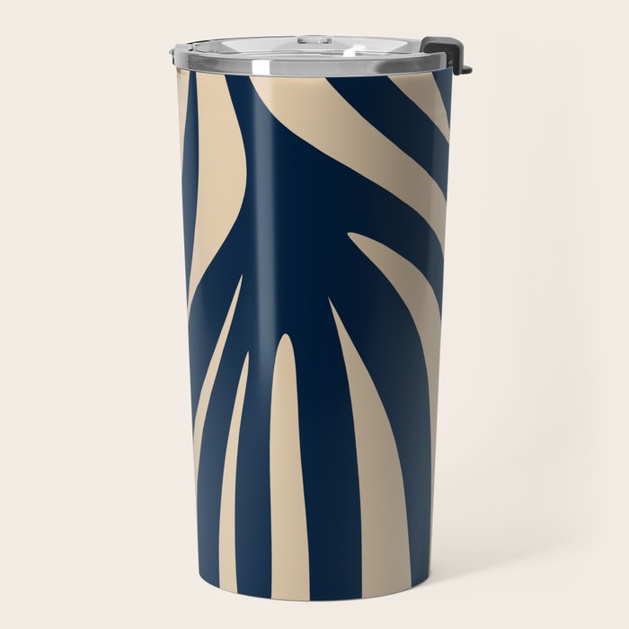 Abstract Minimalist Maldives Leaves Pattern in Mid Century Modern Navy Blue and Beige Travel Mug Gallery Image 2