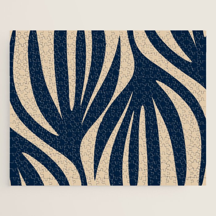 Abstract Minimalist Maldives Leaves Pattern in Mid Century Modern Navy Blue and Beige Jigsaw Puzzle Gallery Image 1