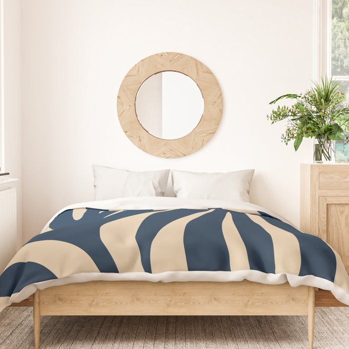 Abstract Minimalist Maldives Leaves Pattern in Mid Century Modern Navy Blue and Beige Duvet Cover Gallery Image 3