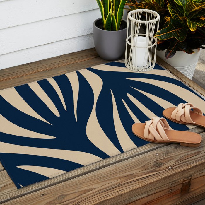 Abstract Minimalist Maldives Leaves Pattern in Mid Century Modern Navy Blue and Beige Outdoor Rug Gallery Image 2