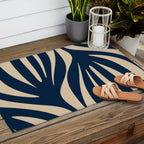 Abstract Minimalist Maldives Leaves Pattern in Mid Century Modern Navy Blue and Beige Outdoor Rug Gallery Image 2