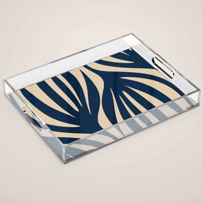 Abstract Minimalist Maldives Leaves Pattern in Mid Century Modern Navy Blue and Beige Acrylic Tray Gallery Image 1