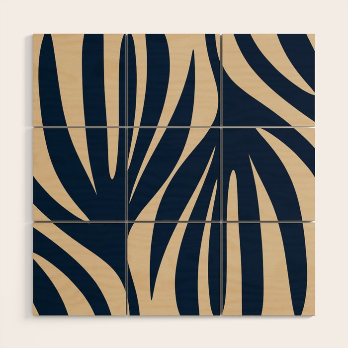 Abstract Minimalist Maldives Leaves Pattern in Mid Century Modern Navy Blue and Beige Wood Wall Art Gallery Image 1