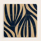 Abstract Minimalist Maldives Leaves Pattern in Mid Century Modern Navy Blue and Beige Wood Wall Art Gallery Image 1