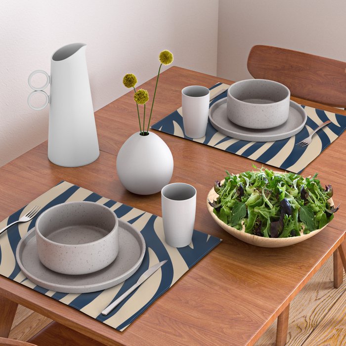 Abstract Minimalist Maldives Leaves Pattern in Mid Century Modern Navy Blue and Beige Placemat Gallery Image 2