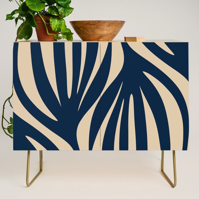 Abstract Minimalist Maldives Leaves Pattern in Mid Century Modern Navy Blue and Beige Credenza Gallery Image 1
