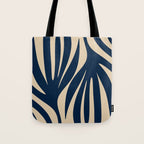 Abstract Minimalist Maldives Leaves Pattern in Mid Century Modern Navy Blue and Beige Tote Bag Gallery Image 1