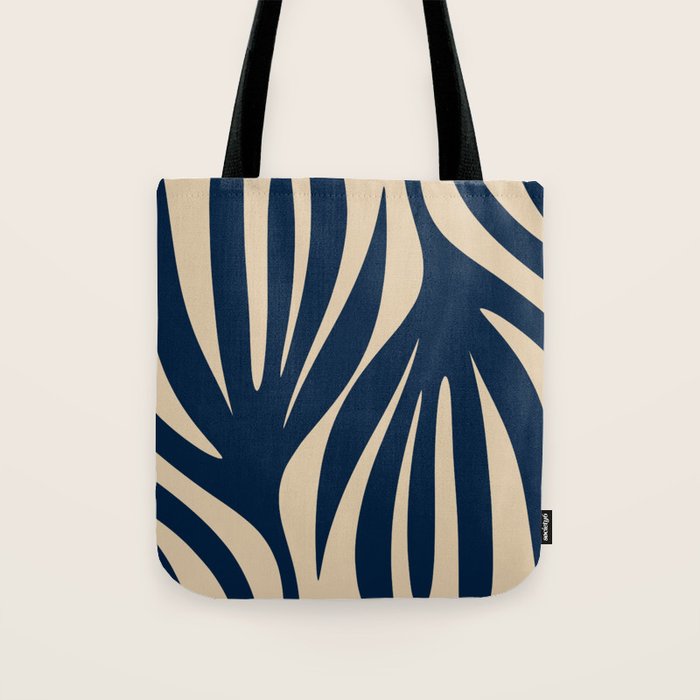 Abstract Minimalist Maldives Leaves Pattern in Mid Century Modern Navy Blue and Beige Tote Bag Gallery Image 1
