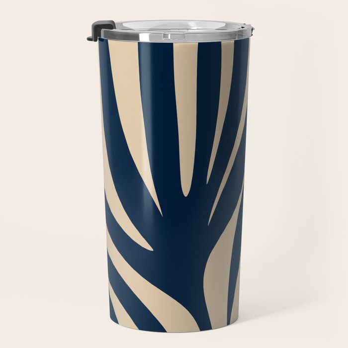 Abstract Minimalist Maldives Leaves Pattern in Mid Century Modern Navy Blue and Beige Travel Mug Gallery Image 3