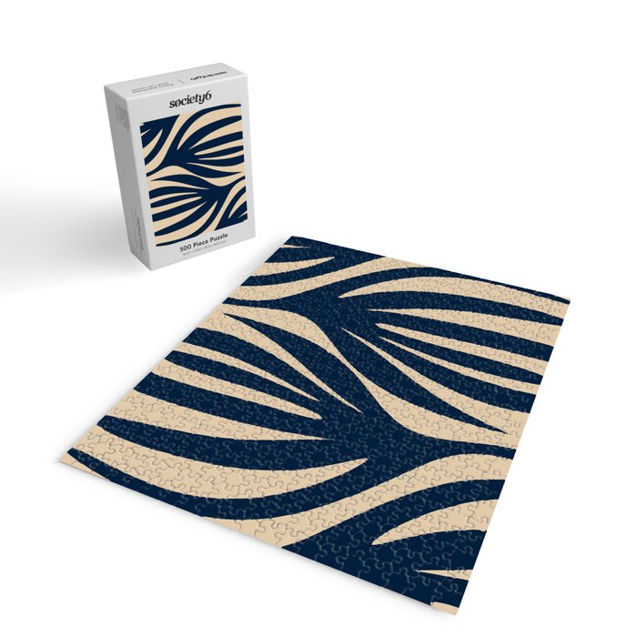 Abstract Minimalist Maldives Leaves Pattern in Mid Century Modern Navy Blue and Beige Jigsaw Puzzle Gallery Image 2