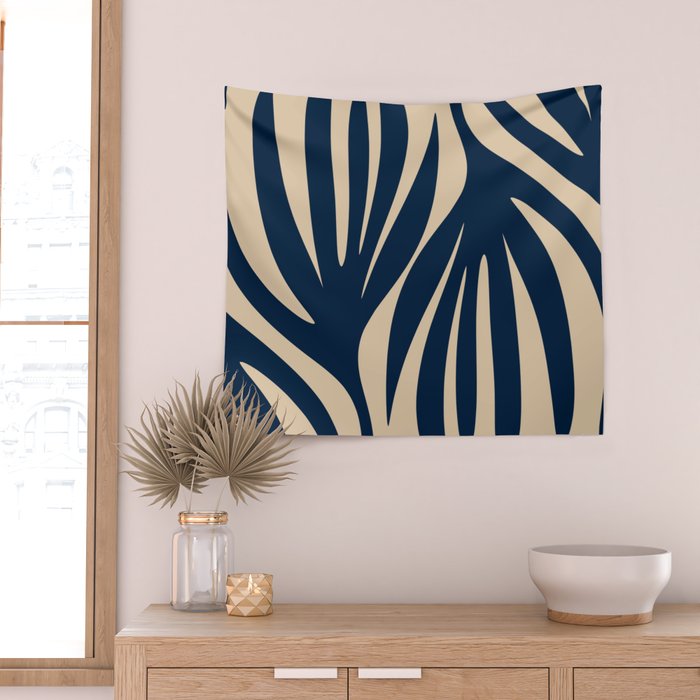 Abstract Minimalist Maldives Leaves Pattern in Mid Century Modern Navy Blue and Beige Wall Tapestry Gallery Image 2