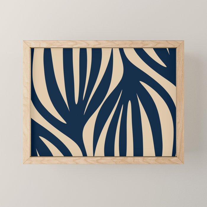 Abstract Minimalist Maldives Leaves Pattern in Mid Century Modern Navy Blue and Beige Mini Art Print Gallery Image 1