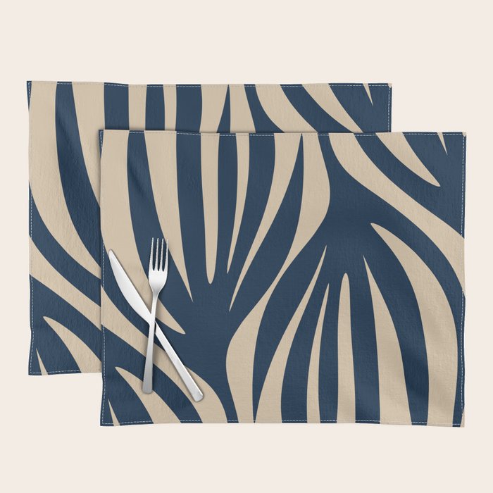 Abstract Minimalist Maldives Leaves Pattern in Mid Century Modern Navy Blue and Beige Placemat Gallery Image 1