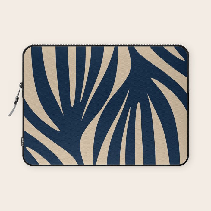 Abstract Minimalist Maldives Leaves Pattern in Mid Century Modern Navy Blue and Beige Laptop Sleeve Gallery Image 1