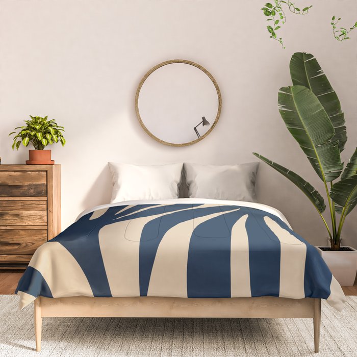 Abstract Minimalist Maldives Leaves Pattern in Mid Century Modern Navy Blue and Beige Comforter Gallery Image 3