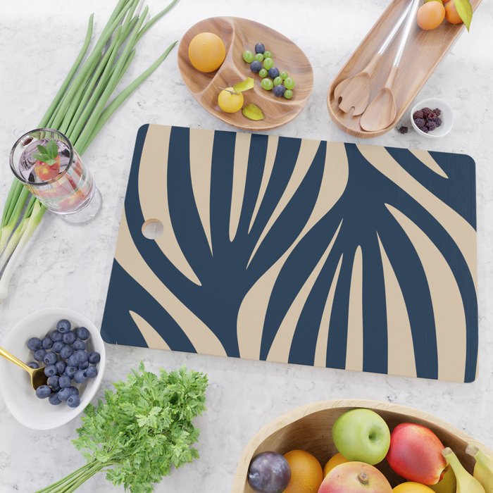 Abstract Minimalist Maldives Leaves Pattern in Mid Century Modern Navy Blue and Beige Cutting Board Gallery Image 2