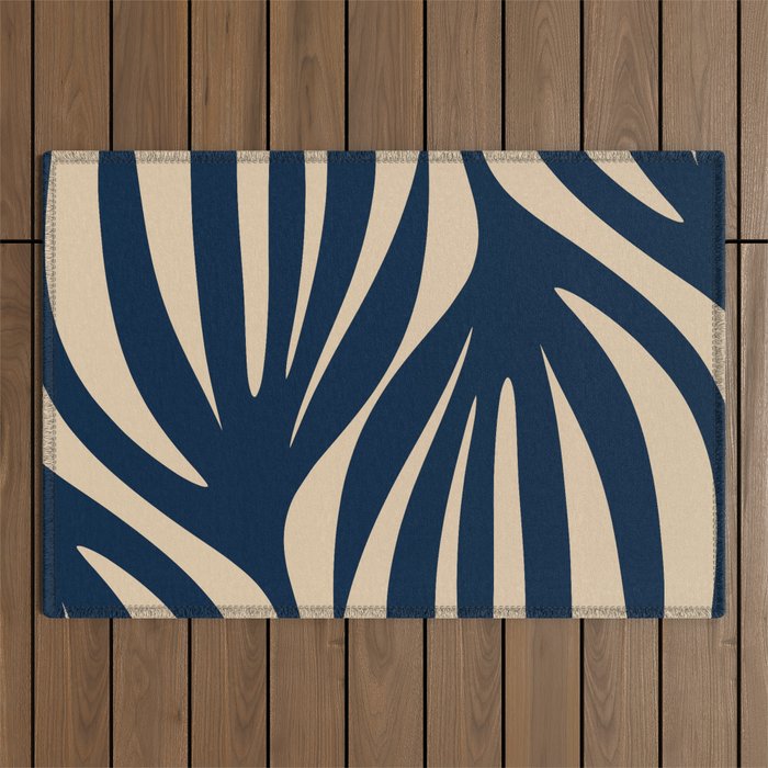 Abstract Minimalist Maldives Leaves Pattern in Mid Century Modern Navy Blue and Beige Outdoor Rug Gallery Image 1