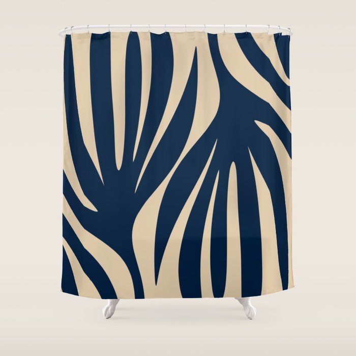 Abstract Minimalist Maldives Leaves Pattern in Mid Century Modern Navy Blue and Beige Shower Curtain Gallery Image 1
