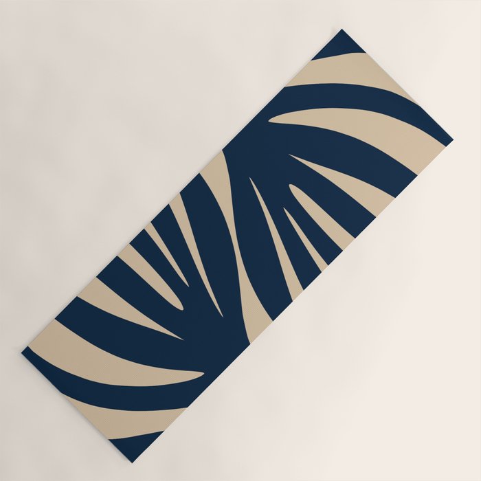 Abstract Minimalist Maldives Leaves Pattern in Mid Century Modern Navy Blue and Beige Yoga Mat Gallery Image 1