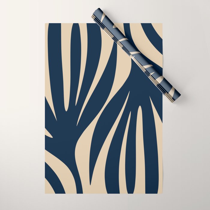 Abstract Minimalist Maldives Leaves Pattern in Mid Century Modern Navy Blue and Beige Wrapping Paper Gallery Image 1
