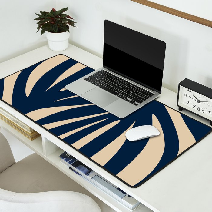 Abstract Minimalist Maldives Leaves Pattern in Mid Century Modern Navy Blue and Beige Desk Mat Gallery Image 2