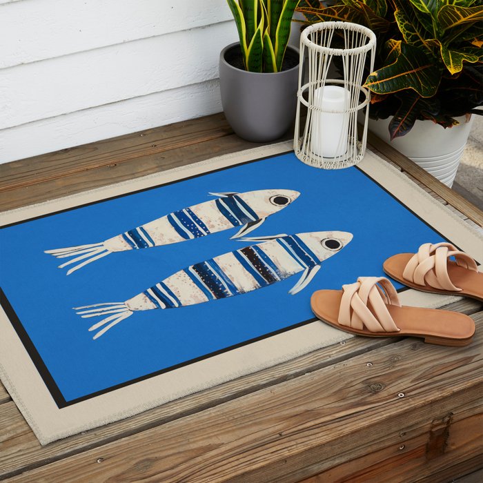 Minimal Fish on Blue Outdoor Rug Gallery Image 2