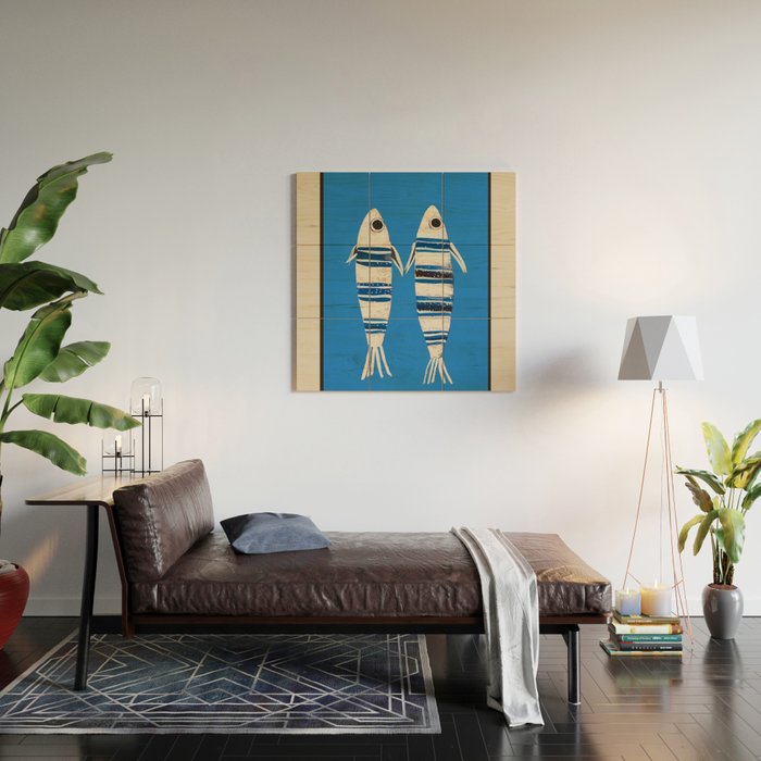 Minimal Fish on Blue Wood Wall Art Gallery Image 2