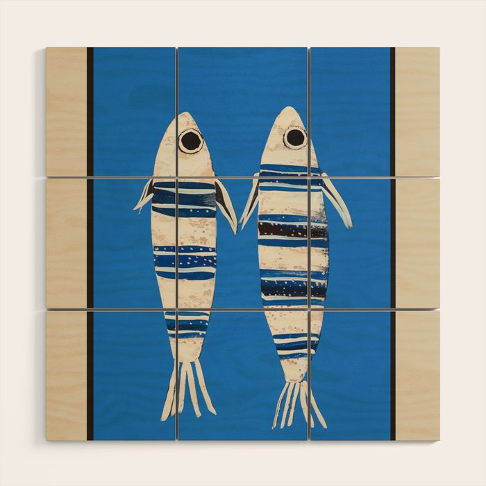 Minimal Fish on Blue Wood Wall Art Gallery Image 1